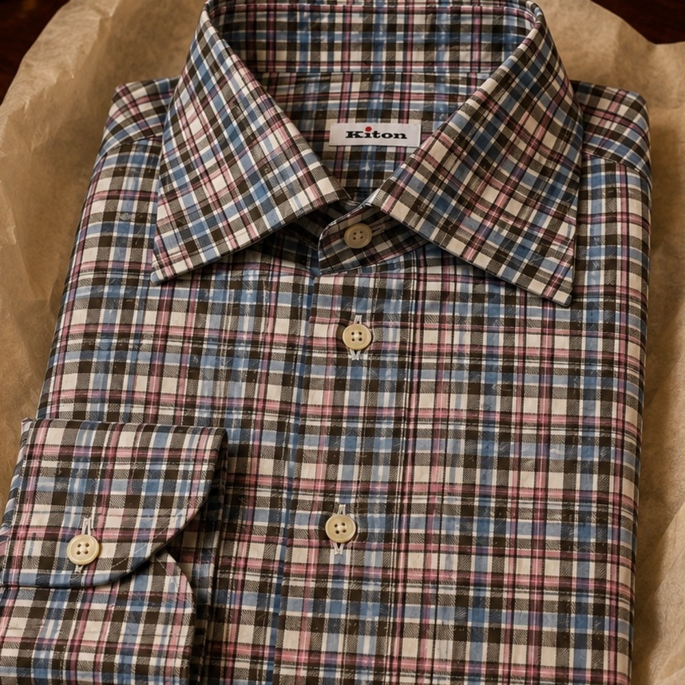 Kiton Brown, Blue, Pink & Cream Plaid Long-Sleeve Shirt